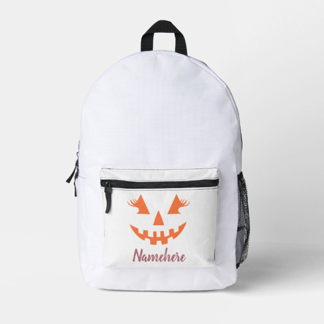 Custom Girly Jack O Lantern Pumpkin Halloween Printed Backpack (Front)