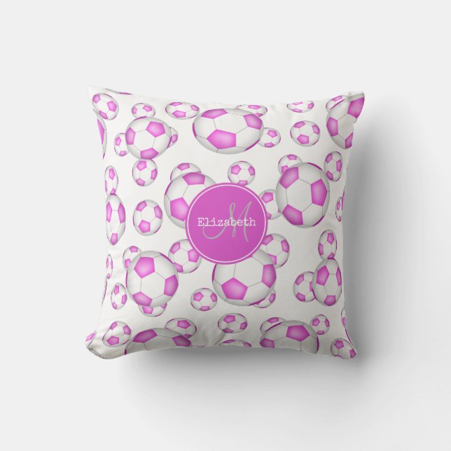 custom girly pink and white soccer balls pattern throw pillow (Front)