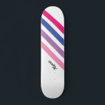 Custom Girly Pink Striped Skateboard<br><div class="desc">This girly skateboard is decorated with bold stripes of pink, purple, blue and white with black typography.
Customize it by changing the name or making it into a monogram instead.</div>
