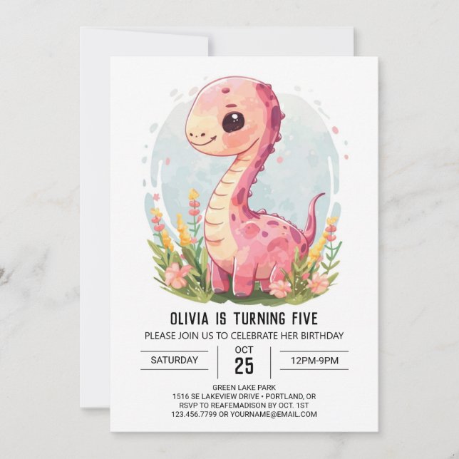 Custom Girly Printable Dinosaur Girl Birthday Invitation (Front)