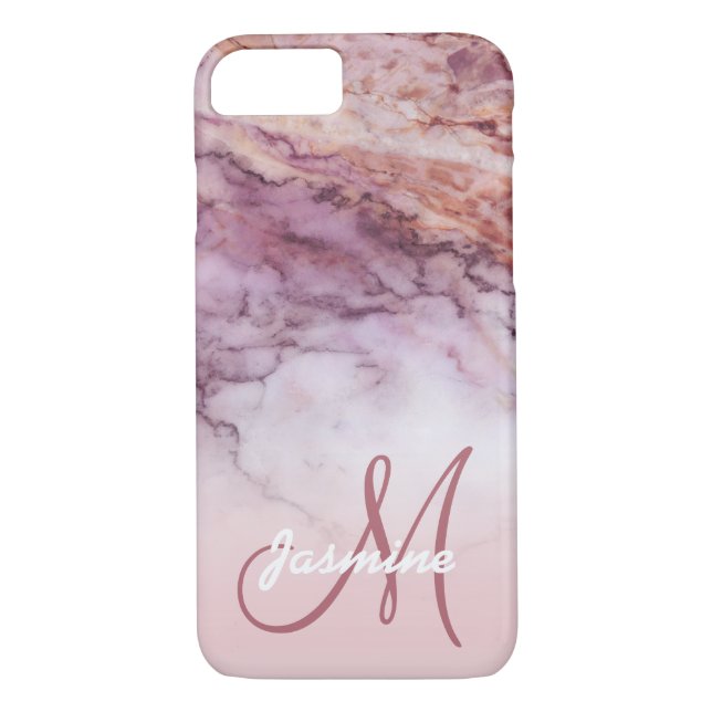 Custom Girly Rose Gold Marble Name Monogram Case-Mate iPhone Case (Back)