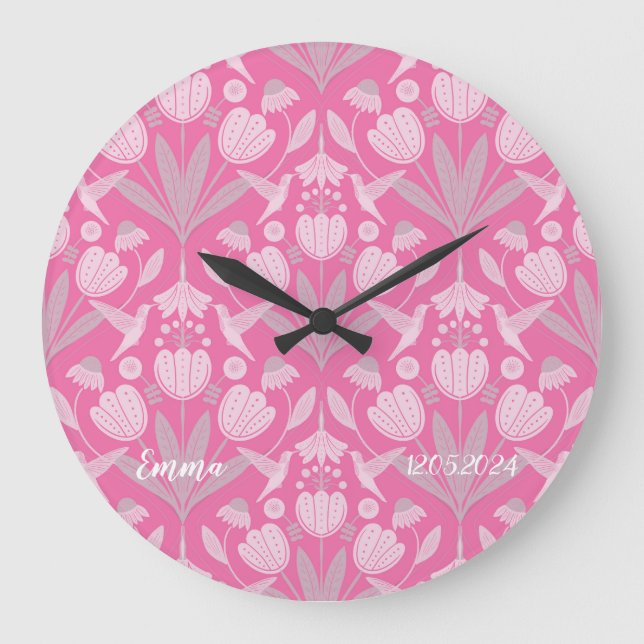 Custom girly rose pink Scandi hummingbirds floral Large Clock (Front)