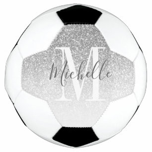 Custom Girly Silver Glitter Monogram Name Soccer Ball