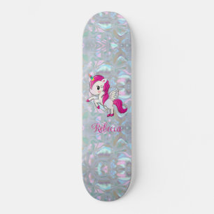 Custom Girly Sparkly Faux Mother of Pearl Unicorn Skateboard