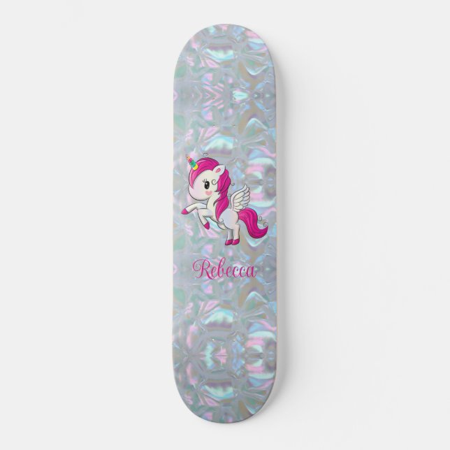 Custom Girly Sparkly Faux Mother of Pearl Unicorn Skateboard (Front)