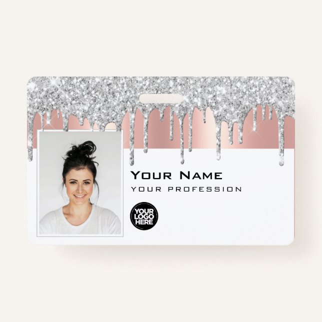 Custom Glam Employee Photo, Bar Code, Logo, Name Badge (Front)