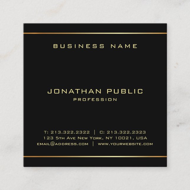 Custom Glamourous Black And Gold Elegant Template Square Business Card (Front)