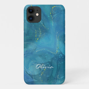 Custom Glamourous Gold Sparkle Blue Marble iPhone 11 Case
