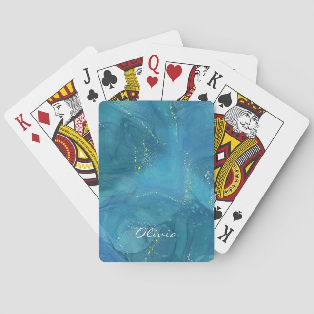 Custom Glamourous Gold Sparkle Blue Marble Playing Cards (Back)