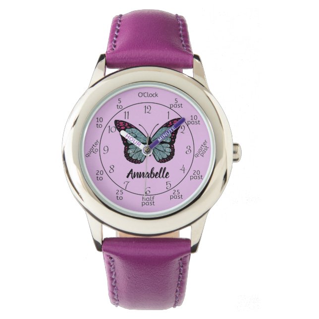 Custom Glitter Butterfly Purple Learn To Tell Time Watch (Front)