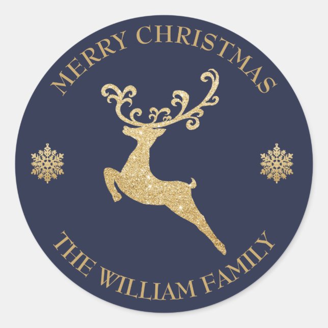 Custom Glitter Gold Reindeer Merry Christmas Classic Round Sticker (Front)