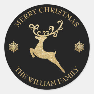 Custom Glitter Gold Reindeer Merry Christmas Classic Round Sticker