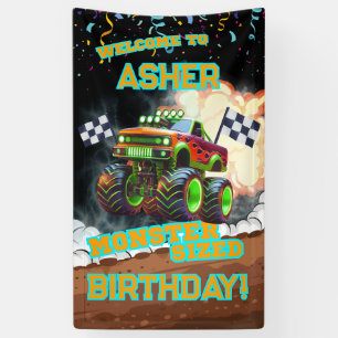 Custom Glowing Orange Monster Truck Boys Birthday Banner