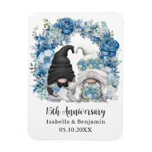 Custom Gnome Blue Flowers 15th Wedding Anniversary Magnet