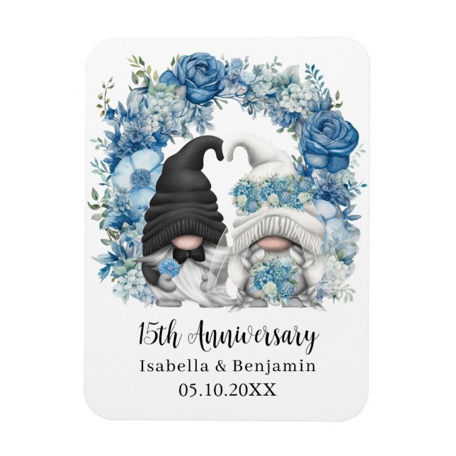 Custom Gnome Blue Flowers 15th Wedding Anniversary Magnet (Vertical)