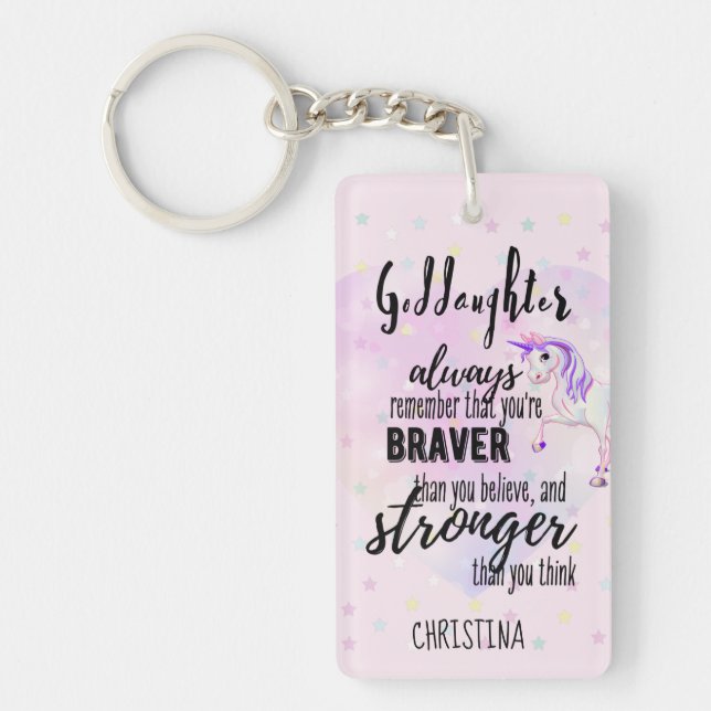 Custom GODDAUGHTER Motivational Quote Pink Unicorn Keychain (Front)