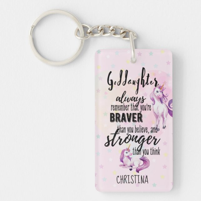 Custom GODDAUGHTER Motivational Quote Pink Unicorn Keychain (Front)