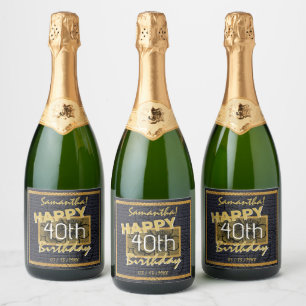 Custom Gold 40th Birthday Name Black Floral  Sparkling Wine Label