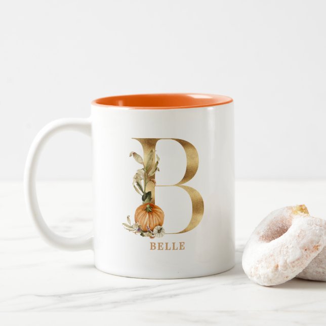 Custom Gold Alphabet B Monogram | Floral Pumpkin Two-Tone Coffee Mug (With Donut)