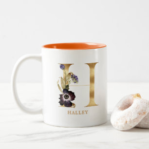 Custom Gold Alphabet H Monogram   Autumn Floral Two-Tone Coffee Mug