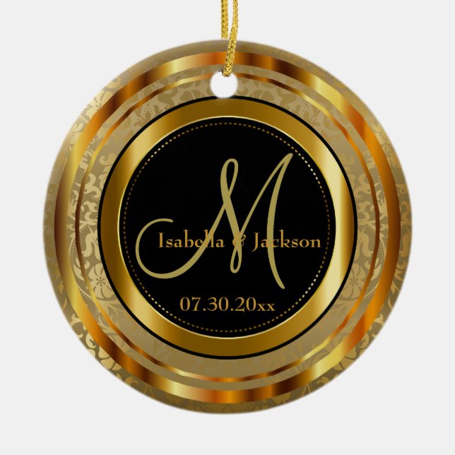 Custom Gold and Black Wedding or Anniversary Ceramic Ornament (Front)