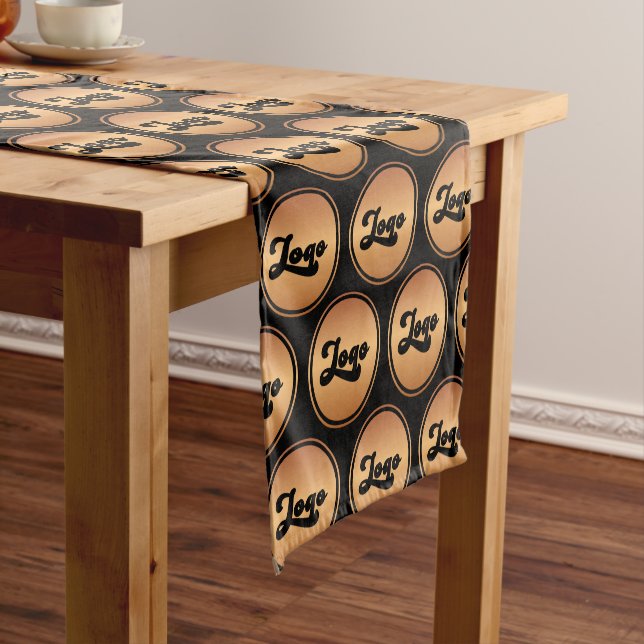 Custom Gold & Black Business Company Logo Pattern Short Table Runner (In Situ)