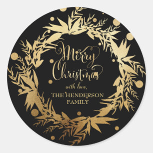 Custom Gold Black Christmas Eucalyptus Wreath Classic Round Sticker