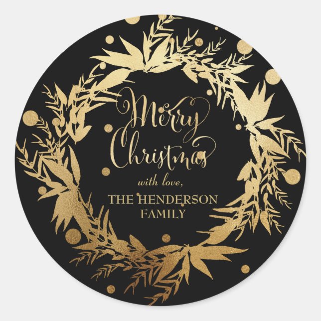 Custom Gold Black Christmas Eucalyptus Wreath Classic Round Sticker (Front)