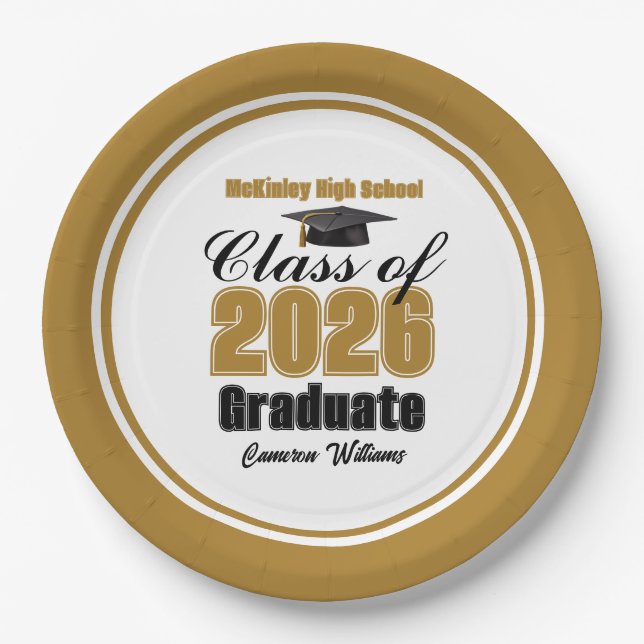Custom Gold Black Class of 2026 Graduation Party Paper Plate (Front)