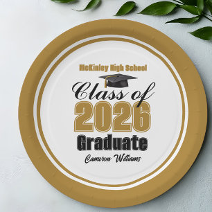Custom Gold Black Class of 2026 Graduation Party Paper Plate