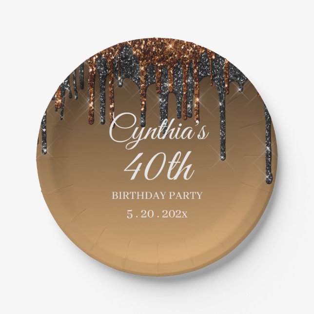 Custom Gold & Black Glitter Drip Happy Birthday Paper Plate (Front)