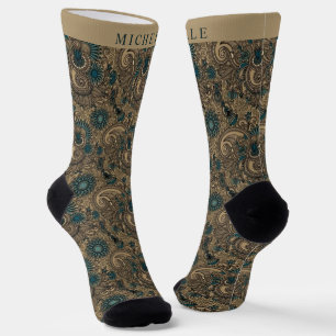 Custom Gold Black Teal Blue Paisley Pattern Socks