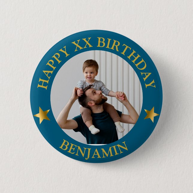 Custom Gold Blue Happy Birthday Photo and Age 2 Inch Round Button (Front)