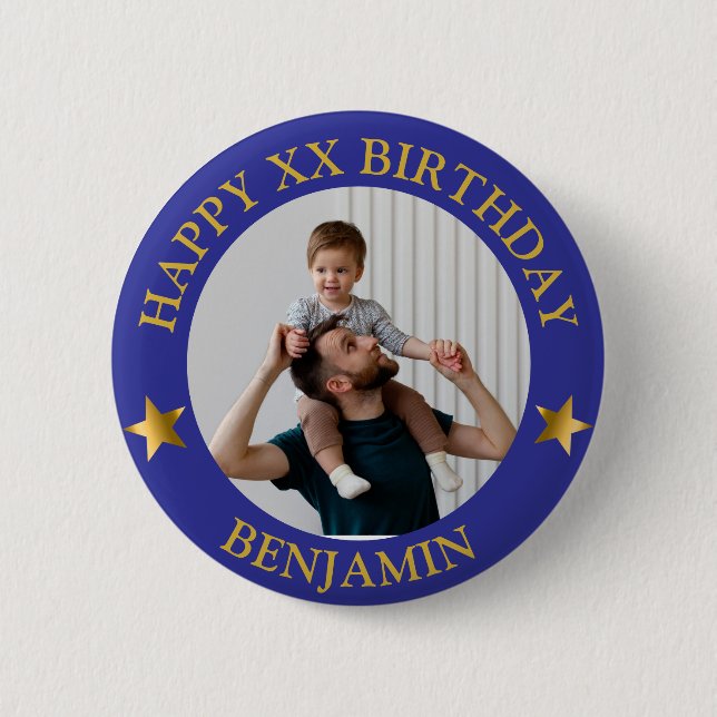  Custom Gold Blue Happy Birthday Photo and Age 2 Inch Round Button (Front)