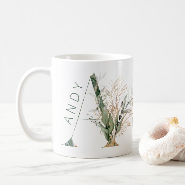 Custom Gold Botanical Eucalyptus Monogram  Coffee Mug (With Donut)