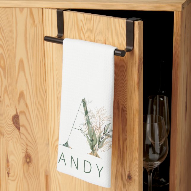 Custom Gold Botanical Eucalyptus Monogram Kitchen Towel (Thirds Fold)