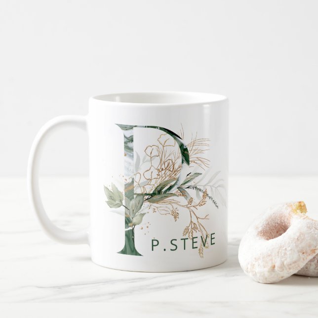 Custom Gold Botanical Eucalyptus Monogram "P" Coffee Mug (With Donut)