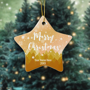 Custom Gold Brown Snow Forest Christmas Star  Ceramic Ornament