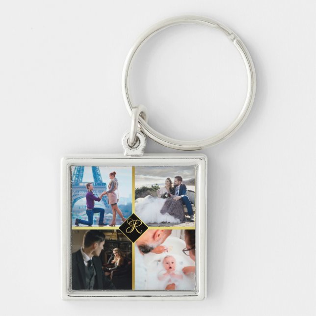 Custom Gold Chic, 4 Family Photo Collage Monogram  Keychain (Front)
