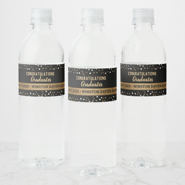 Custom Gold confetti black Graduate Class year Water Bottle Label (Bottles)