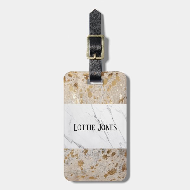 Custom Gold Cowhide white marble Print luggage tag (Front Vertical)