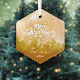Custom Gold Crystal Snow Forest Merry Christmas Glass Ornament