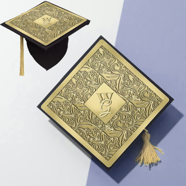 Custom Gold Engraved Floral Monogram Graduation Cap Topper (Creator Uploaded)