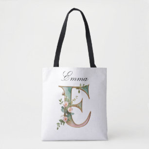 Custom Gold Floral Letter E All-Over Print Tote Bag