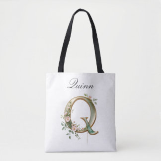 Custom Gold Floral Letter Q All-Over Print Tote Bag