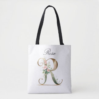 Custom Gold Floral Letter R All-Over Print Tote Bag