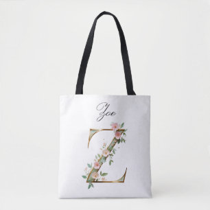 Custom Gold Floral Letter Z All-Over Print Tote Bag