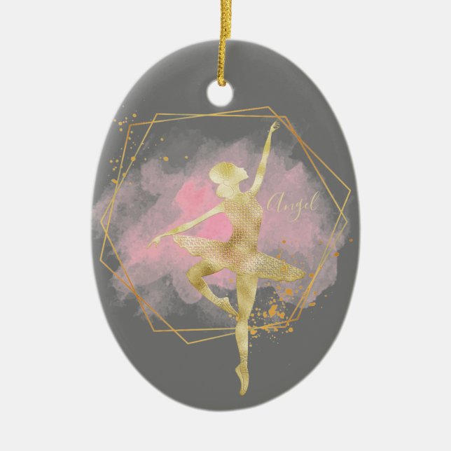 Custom Gold Foil Ballerina Dance Grey Pink Ceramic Ornament (Front)