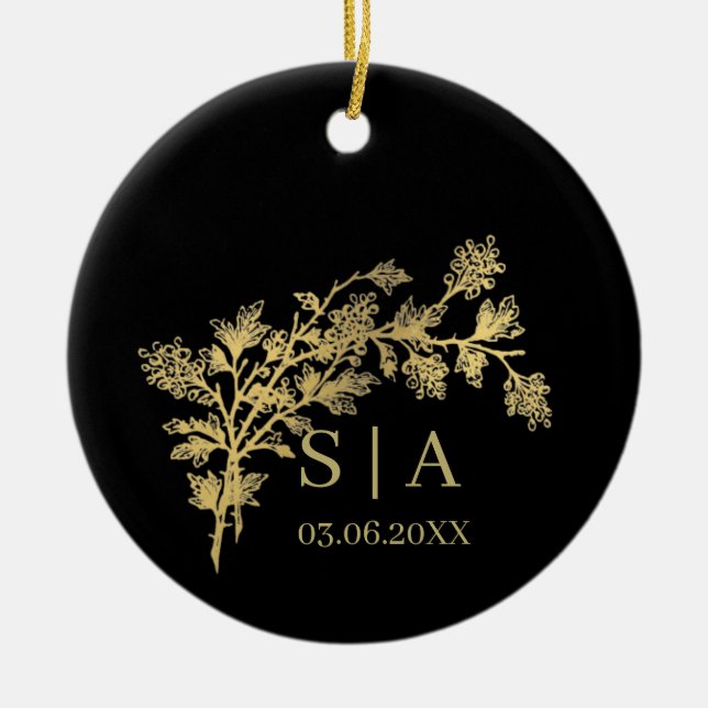 Custom Gold Foil Luxury Botanical Monogram Modern Ceramic Ornament (Front)