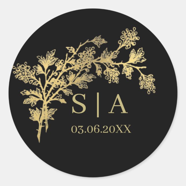 Custom Gold Foil Luxury Botanical Monogram Modern  Classic Round Sticker (Front)